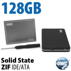 128GB OWC ZIF Solid-State Drive Kit for Early 2008 MacBook Air with tools and transfer enclosure.